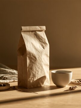 Brown Paper Coffee Bean Bag and White Ceramic Cup on Wooden Table