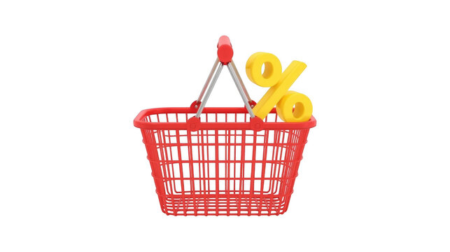 Red shopping basket with a percentage discount symbol and a red price tag indicating a sale promotion.