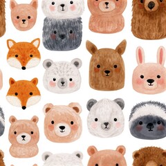 Fototapeta premium Watercolor seamless pattern with simple and cute cartoon faces of various creatures on a clean white background, soft illustrative style