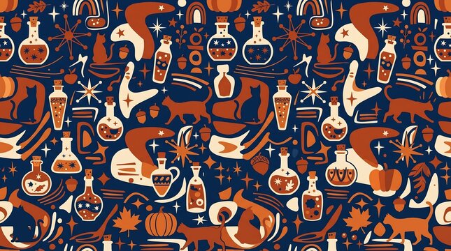 Witchcraft aesthetic seamless pattern, mystical alchemy potion bottles and black cats, celestial halloween background with pumpkins
