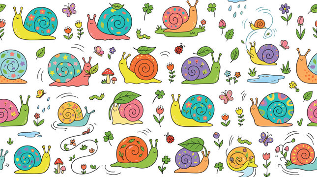 Cute Snail Seamless Pattern with Colorful Snails, Decorative Spiral Shells, Flowers, Leaves, Butterflies, Raindrops, Mushrooms, and Garden Elements