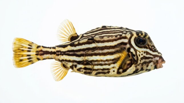 side view of striped trunkfish isolated on plain white background