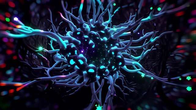 Abstract digital representation of interconnected neurons with glowing branches and colorful particles flowing through a dark neural network environment