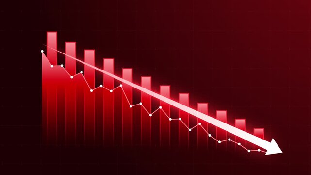 Red bar and line chart with downward arrow representing business decline, financial loss, market drop and negative trend. Ideal for report about recession, sales decrease, investment risk and downturn