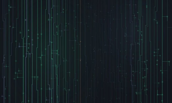 Abstract Vertical Circuit Board Technology Background with Parallel Motherboard Ribbon Traces and Branching Nodes, Emerald Steel Digital