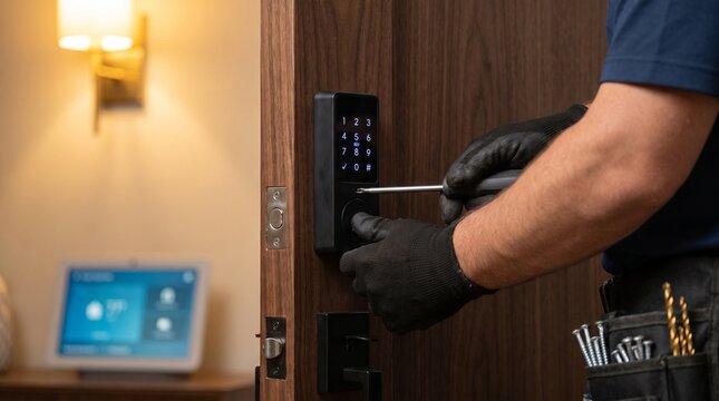 Professional locksmith installing a smart digital keypad lock on a wooden door