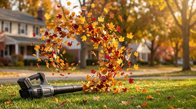 Cordless leaf blower clearing colorful autumn leaves across a residential lawn, representing yard maintenance, landscaping, seasonal cleanup and outdoor gardening work