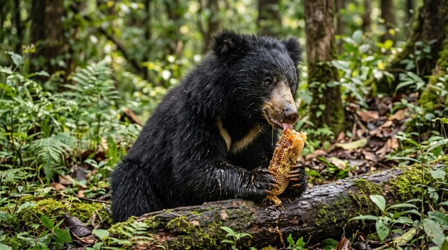 Sun Bear Enjoying Honeycomb in Forest for Wildlife and Nature Content