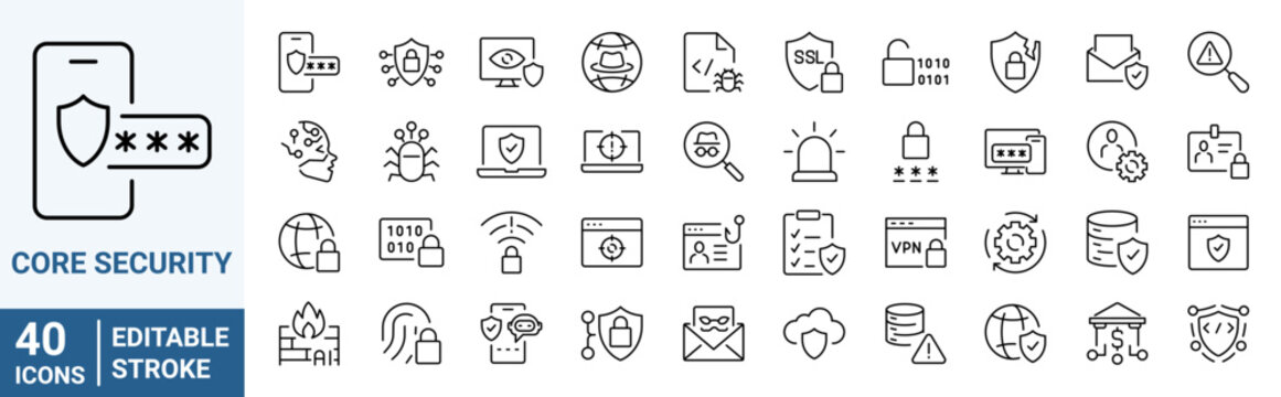 Core security icons set. Cybersecurity outline icons. Linear icon collection. Editable stroke. Vector illustration