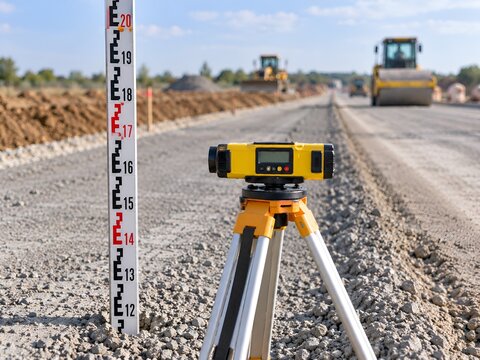 Surveying Level and Measuring Rod at Road Construction Site