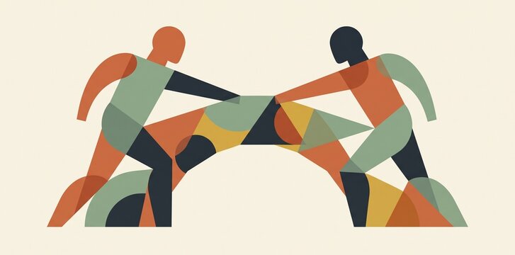 Geometric abstract illustration of two stylized figures bridging a gap together, representing collaboration, partnership, and problem solving.