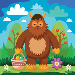 Naklejka premium Bigfoot Easter Egg Hunt – Cute Sasquatch Holiday Vector