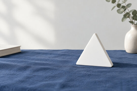 Single white equilateral triangle object on deep blue linen, calm still life for editorial concept