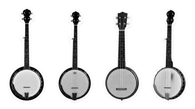 banjo retro halftone set , clean white border outline PNG