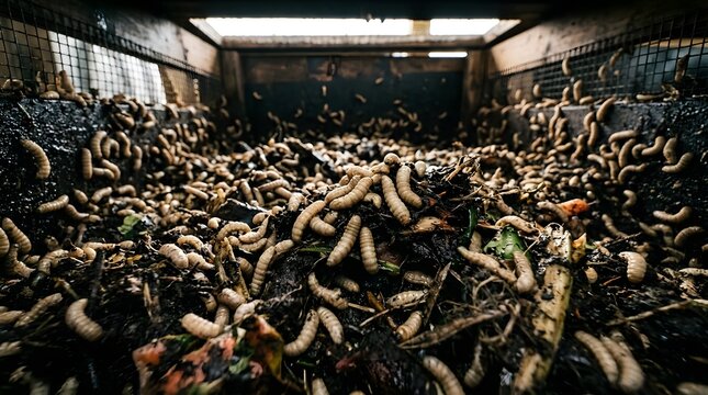 Macro view inside compost bin filled with active larvae decomposing organic waste