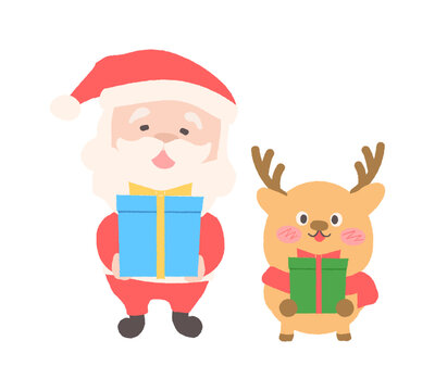 プレゼントを届けるサンタクロースとトナカイのクリスマスイメージ