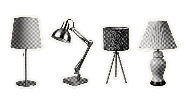 bedside lamp retro halftone set , clean white border outline PNG