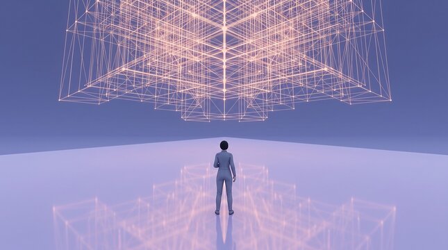 Person looking at large glowing geometric wireframe structure in space