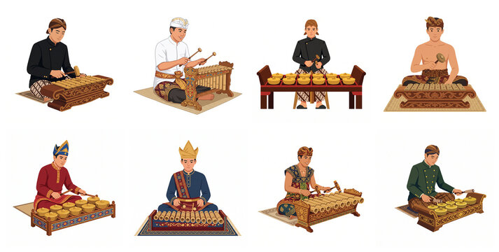 Indonesian Men Playing Traditional Gamelan Instruments Set Cultural Vector Illustration