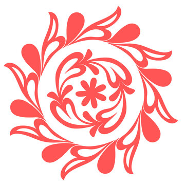 Round coral floral ornament. Vector botanical rosette in traditional folk style isolated on white background