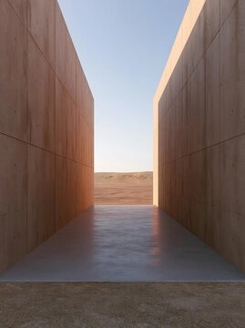 Long, narrow corridor with two walls on either side. the walls are made of concrete and have a light brown color. the corridor is empty and stretches into the distance, with a clear blue sky above.