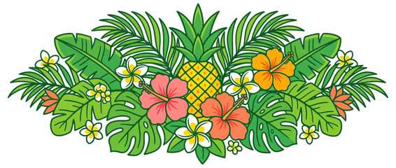 Tropical Hawaiian Floral Arrangement with Pineapple and Leaves © asam