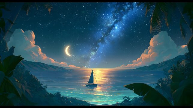 Dreamy anime night scene of a sailboat on turquoise water under a starry sky with golden moonbeams