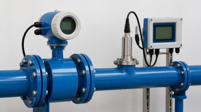 Industrial blue pipe system with digital flow meter and electronic sensors