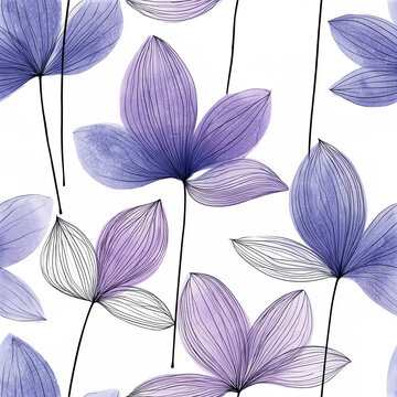 Seamless Abstract Botanical Pattern with Deep Purple Watercolor Leaves