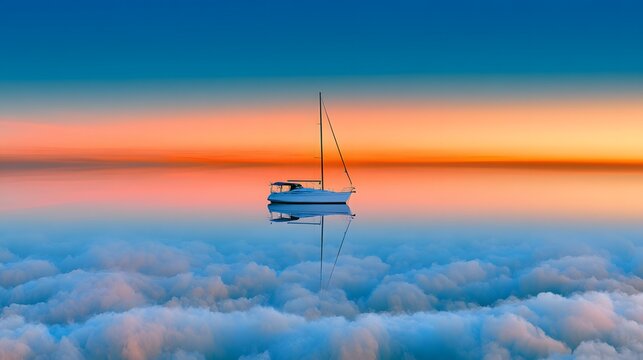 Surreal white sailing yacht on a glassy water surface merging into soft clouds at sunset horizon