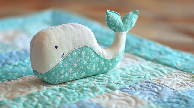 This is handmade fabric whale doll with pure white head, body and tail fin made of mint green fabric printed with small white polka dots, and small blue eyes. It is placed on patchwork quilting mat.