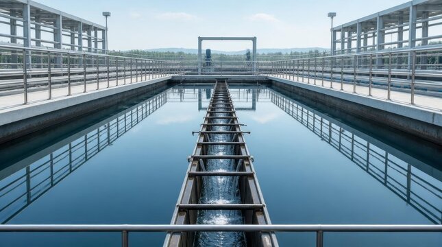Modern industrial water treatment facility with concrete basins and metal walkways