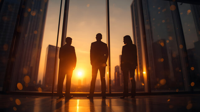 Sunrise Serenity: Three silhouetted figures stand in anticipation, gazing out at a vibrant sunrise over a modern cityscape, symbolizing new beginnings and ambitious aspirations.