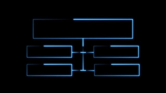 Flowchart structure animation displays blue neon boxes on dark. Algorithmic software logic maps along the flowchart structure. System data processing routes the flowchart structure.