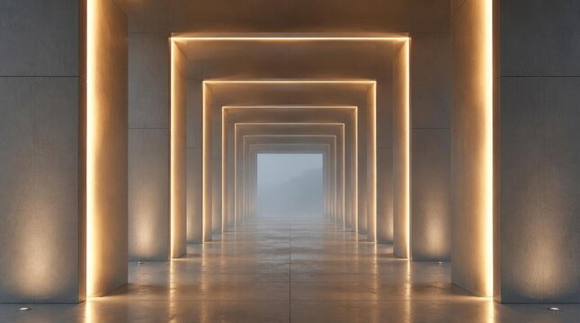 Modern minimalist interior hallway with glowing warm architectural lights and concrete columns