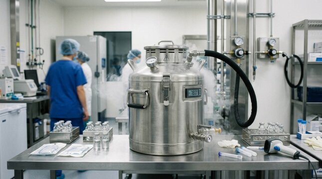 Modern metal cryo tank container in sterile laboratory with medical staff