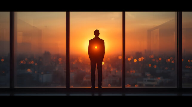 Sunrise Contemplation: A solitary businessman stands silhouetted against a breathtaking sunrise, his gaze fixed on the horizon as city lights twinkle below.