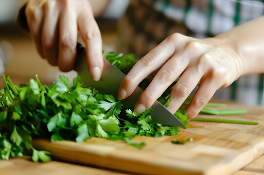 Close up of chef hands chopping fresh green parsley with knife on wooden board