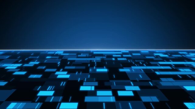 Digital landscape animation moves toward a glowing blue horizon. Futuristic cyber perspective terrain fills the digital landscape. Retro synthwave graphics power the digital landscape.