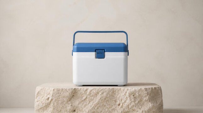 Portable blue and white plastic ice chest resting on a textured stone podium