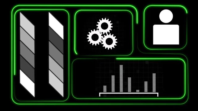 Modern dashboard interface animation glows with green borders. Control room telemetry data updates on the dashboard interface. High tech user displays guide the dashboard interface.