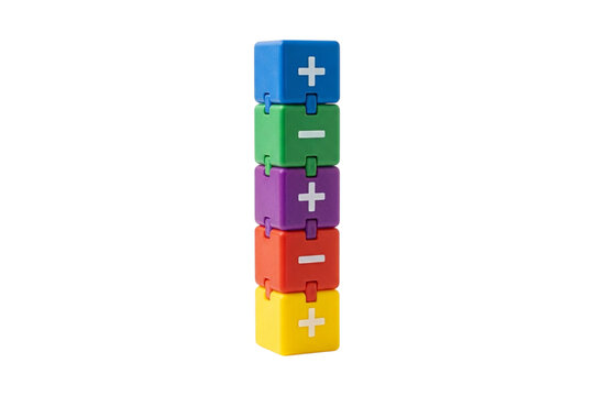 Colorful stacking math blocks with plus and minus symbols used for primary education learning.