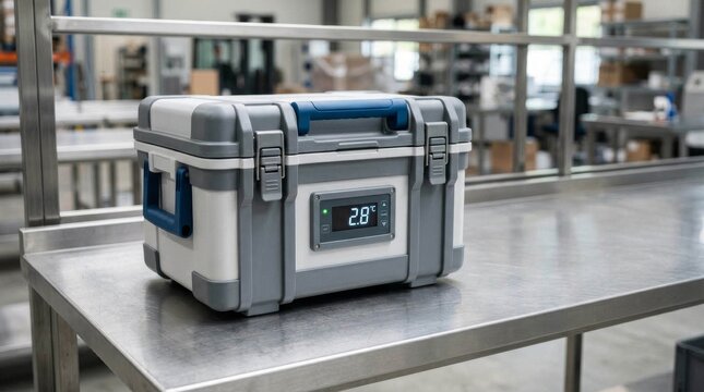 Portable insulated cold storage container with digital temperature display on metal workbench