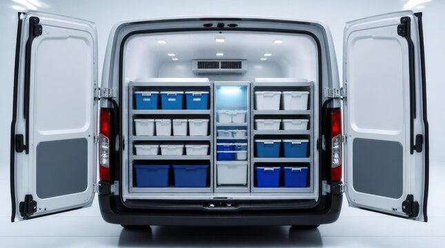 Rear view of white delivery van cargo interior with organized storage shelves