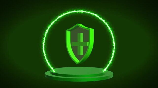Green shield animation glows on a podium inside an energy ring. Medical healthcare protection confirms with the green shield. Digital safety security relies on this strong green shield.