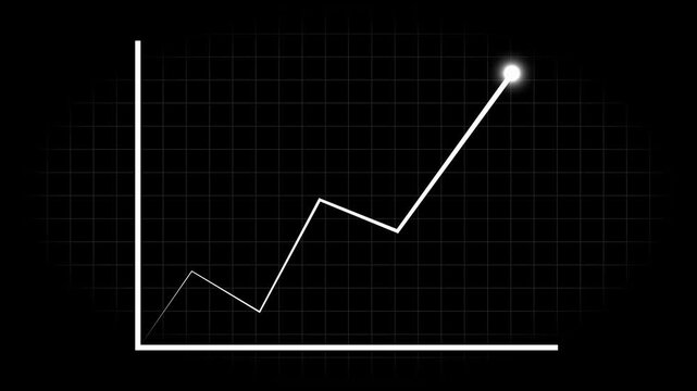 Line graph animation tracks a rising upward financial trend. Corporate business revenue success reflects on this line graph. Positive economic market data drives the active line graph.