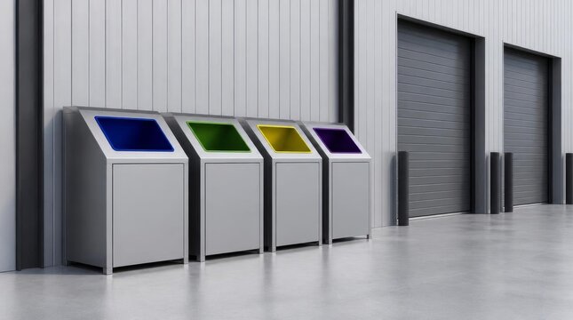 Row of colorful recycling bins in front of a modern industrial building