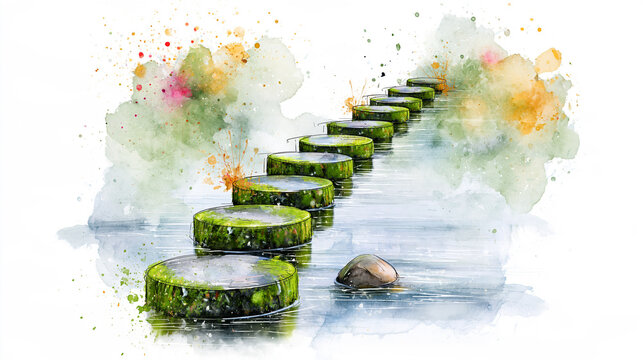 A watercolor painting of moss-covered stepping stones crossing a calm body of water, surrounded by colorful splashes of paint.