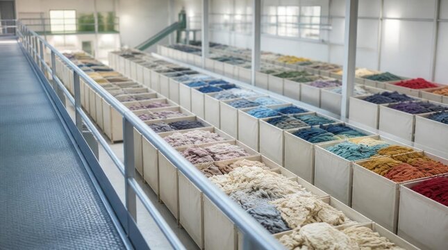 Textile factory interior with rows of large bins filled with colorful yarn and wool materials