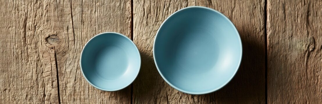 Two blue ceramic bowls of different sizes placed on a rustic wooden table.